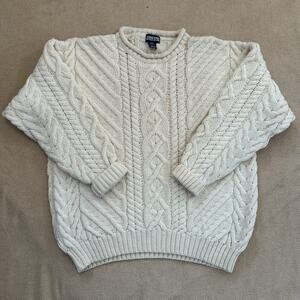 Vintage 90s Lands End England Pure Wool Cableknit Fisherman Sweater Large